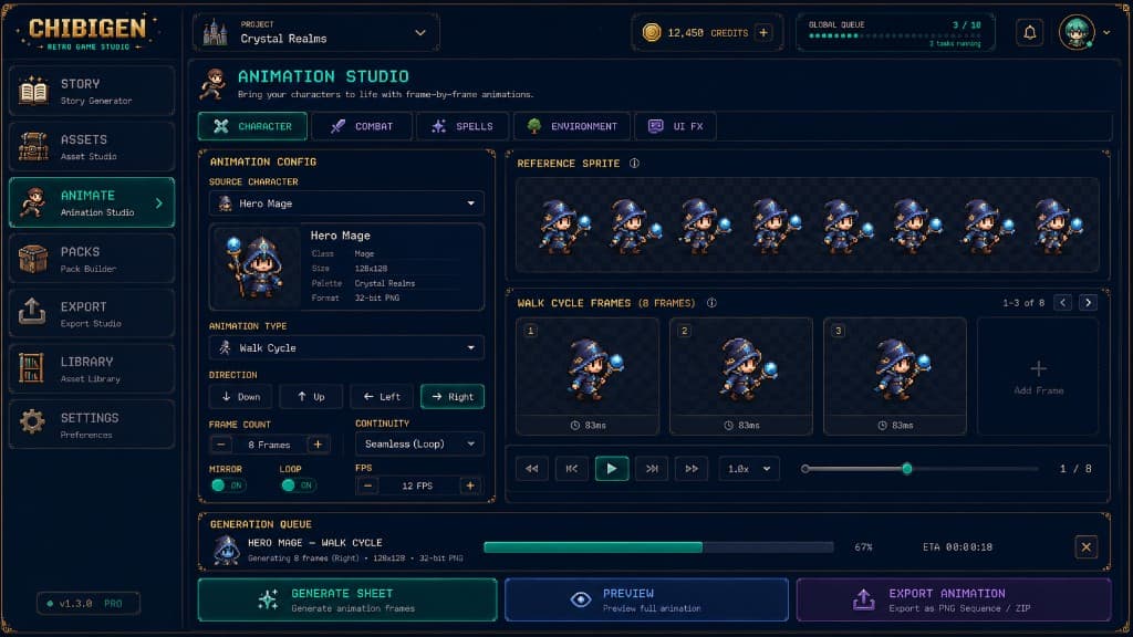 ChibiGen Animation Studio — character walk cycle editor