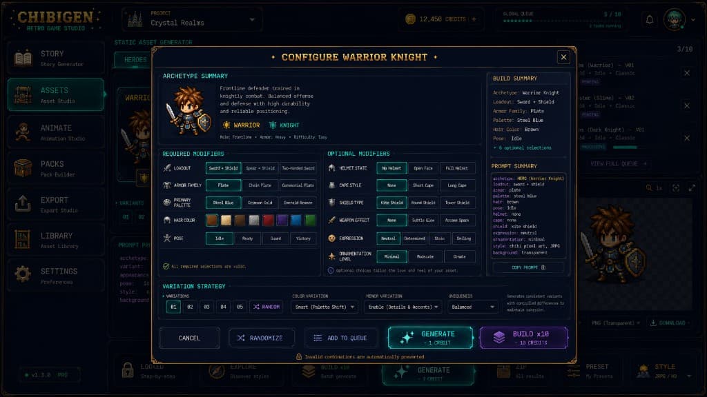 ChibiGen archetype configuration modal with modifiers and variation strategy