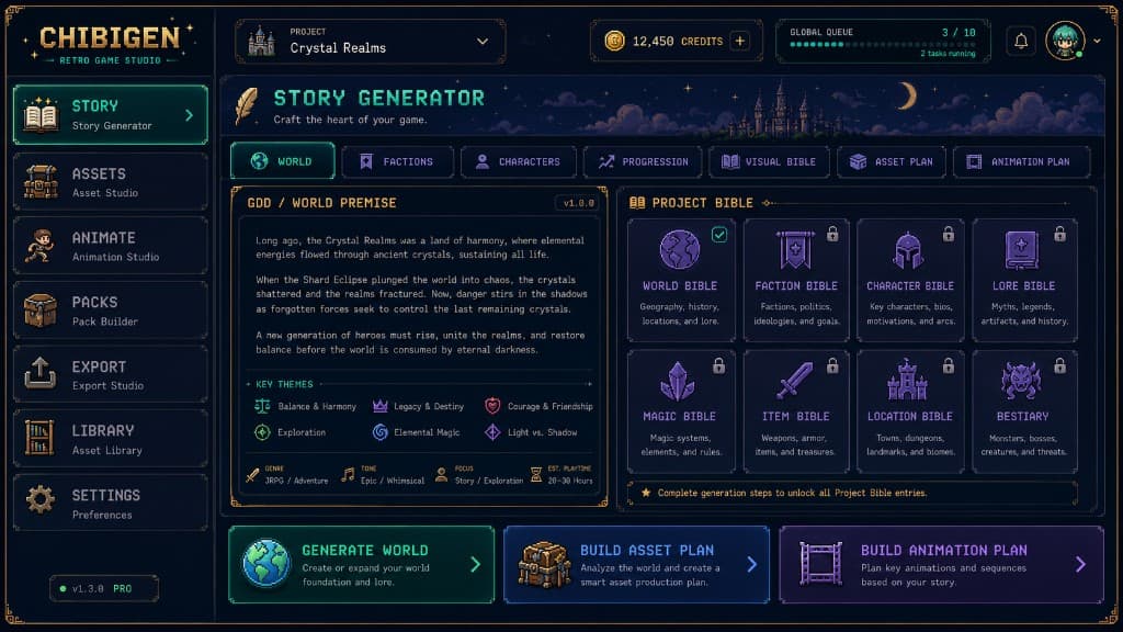 ChibiGen Story Generator with world premise, themes, and project bible
